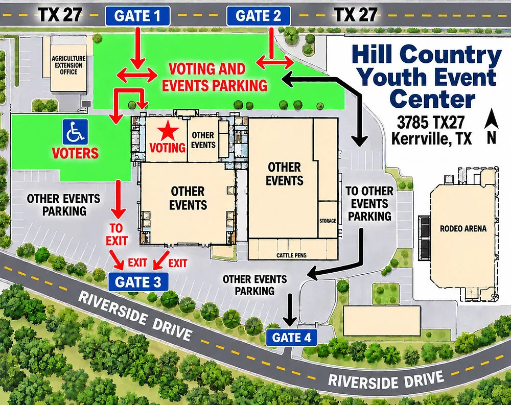 Kerr County map - Early voting at the Hill Country Youth Event Center