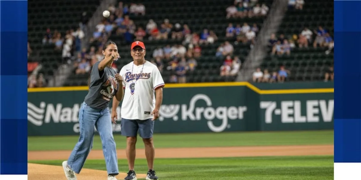 Former Caddo softball star, Texas Longhorns national champion, throws out first pitch at Texas Rangers game