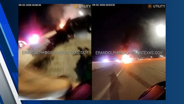 Dickinson police officer rescues driver from burning vehicle on I-45