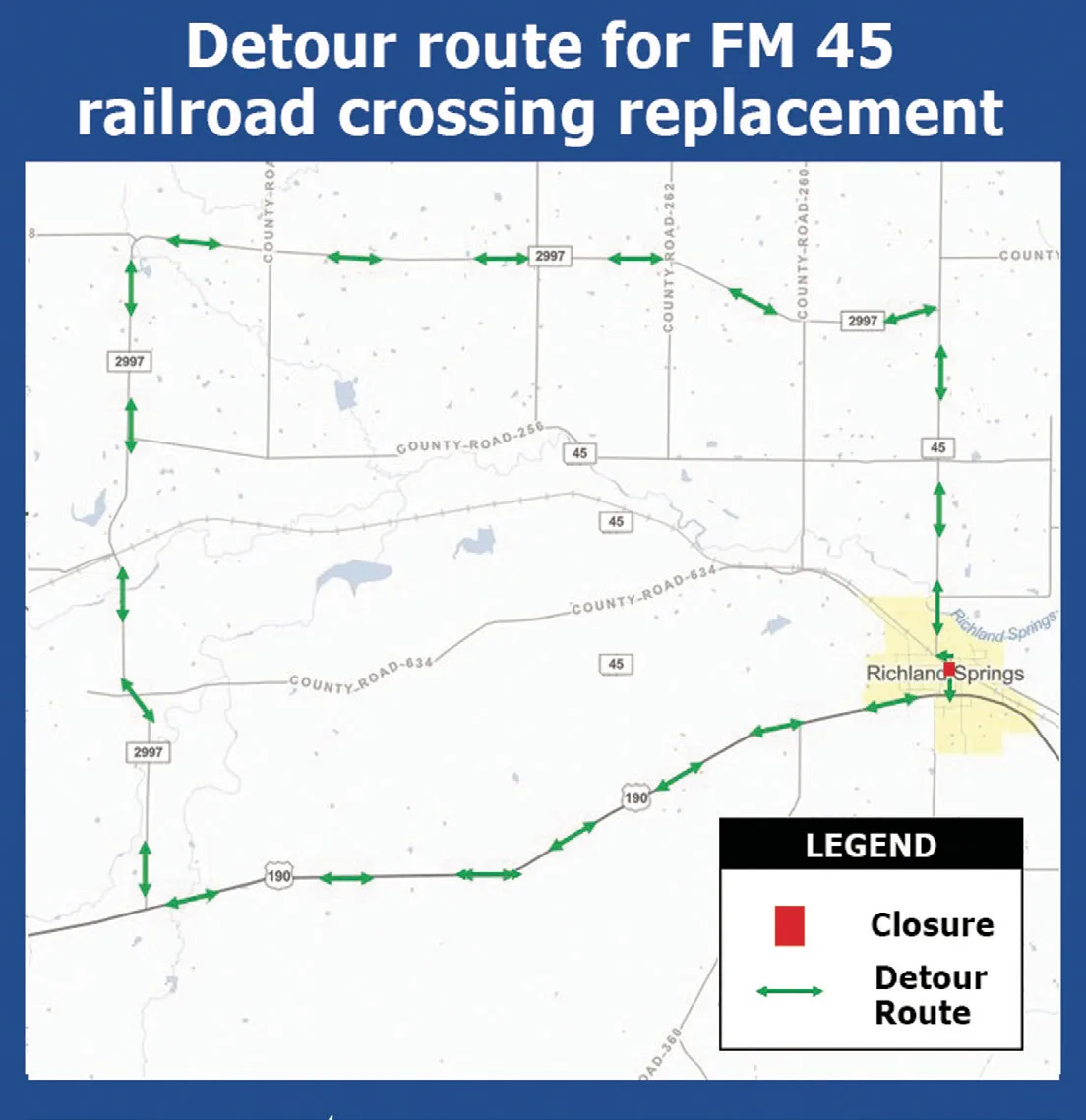 Temporary closures of FM 2997 and FM 45 for railroad crossing replacements this week