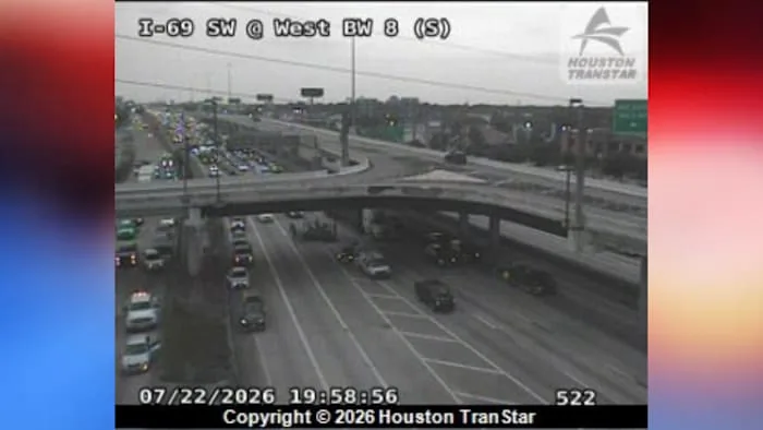 Vehicle flies off elevated HOV lane on Southwest Freeway; northbound lanes  shut down
