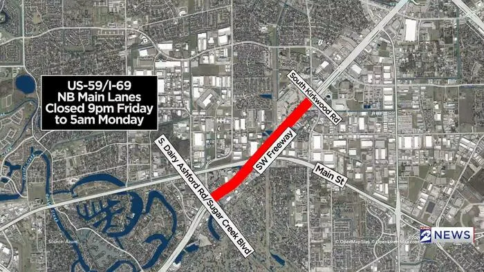 All northbound main lanes of US-59/I-69 in Sugar Land closed through Monday morning