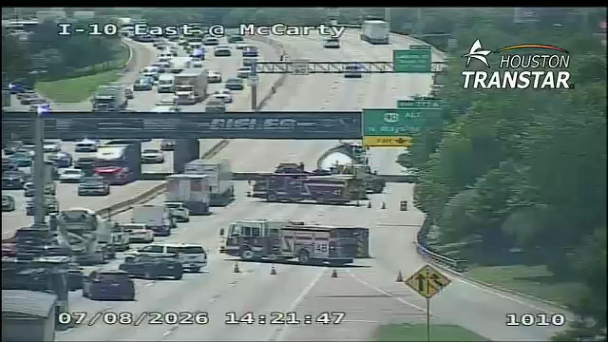 Multiple westbound lanes of East Freeway closed at Wayside after truck hits bridge, loses its load