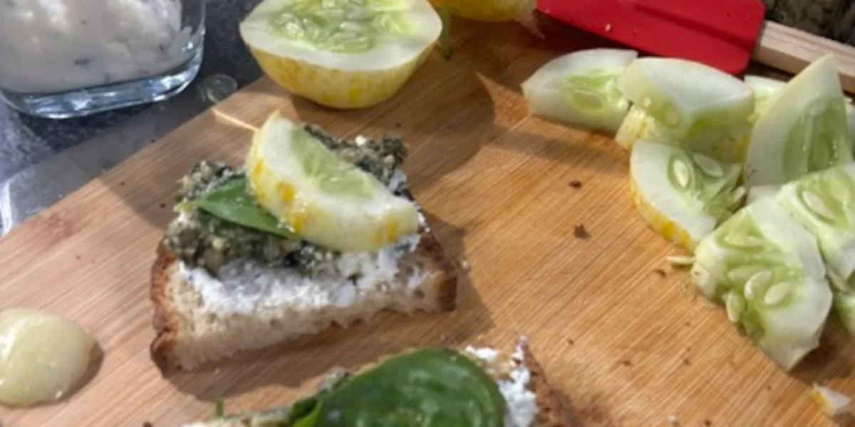 Lemon cucumbers with pesto and fancy ricotta toast by Elizabeth Dry