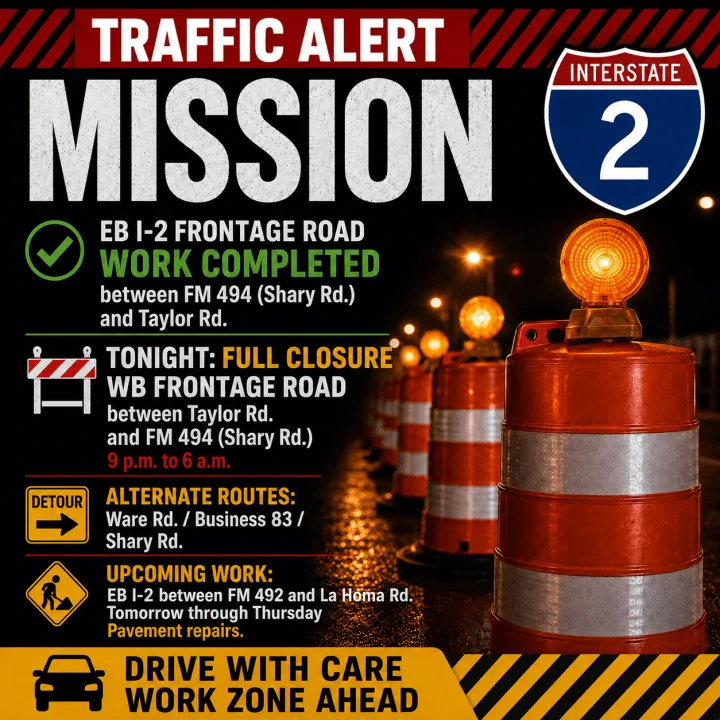 Overnight pavement repairs to shut down frontage road in Mission, Palmview