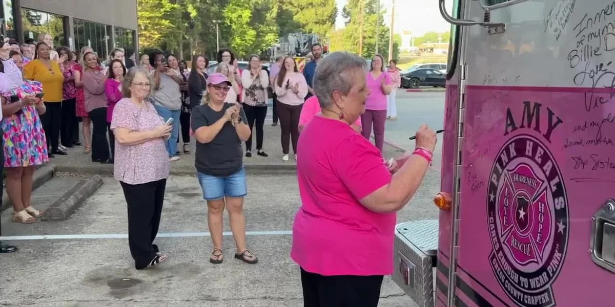 Pink Heals fire engine visit honors Texas Bank and Trust employee's cancer survival