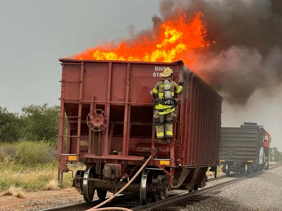 A burning train car brought firefighters from across Taylor County