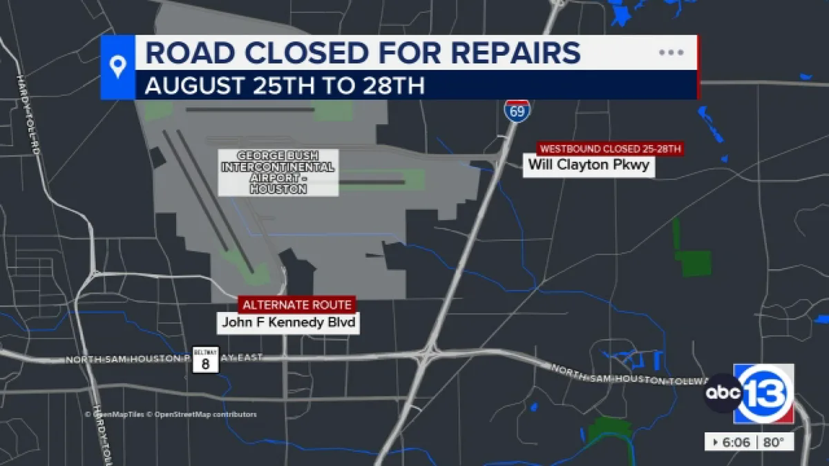 Will Clayton Parkway westbound lanes to close for multiple days near IAH due to road repairs, airport officials say