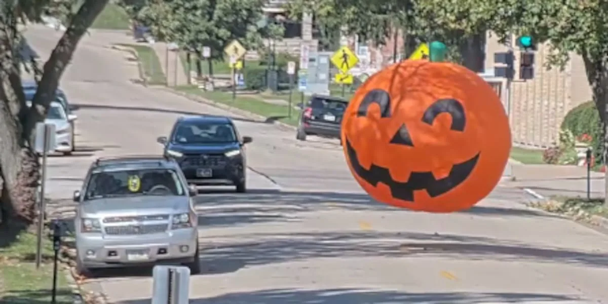 Inflatable pumpkin tumbles into traffic, forces driver to swerve