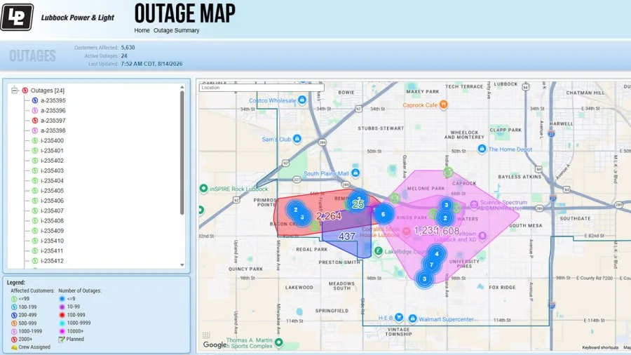 Power outages reported in southwest Lubbock Friday morning