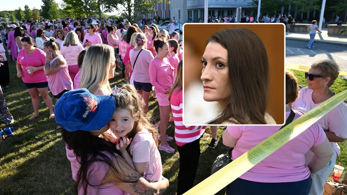 Women in pink rally in support of Lindsay Clancy who is on trial for killing 3 children