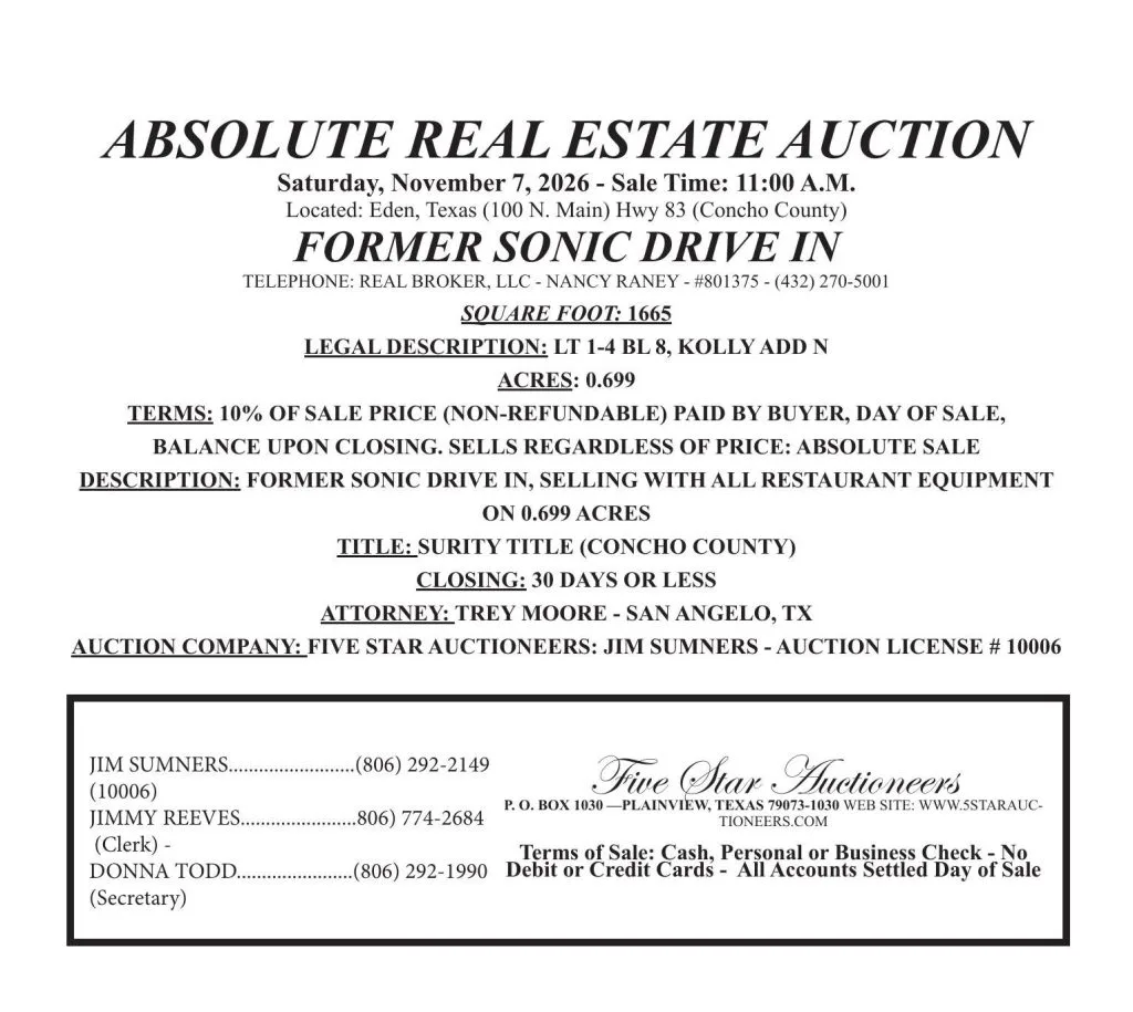 ABSOLUTE AUCTION - Former Sonic in Eden, Texas Saturday, November 7, 2026 * 11:00 a.m.