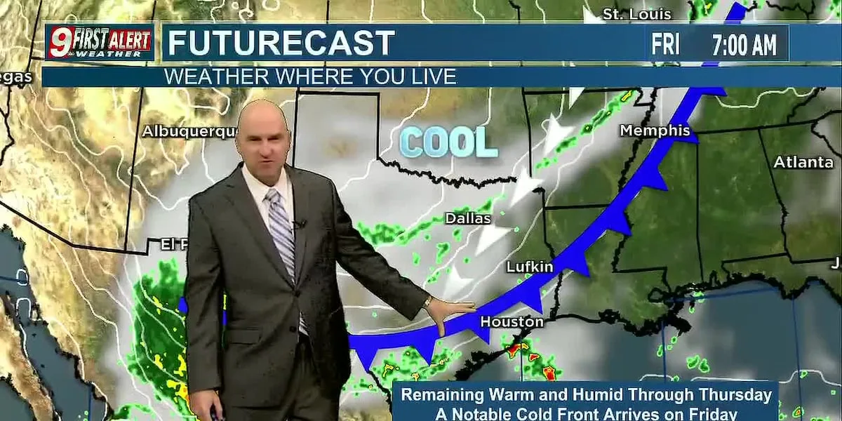 Remaining warm and muggy until a late week cold front brings east Texas a notable cool down for the weekend