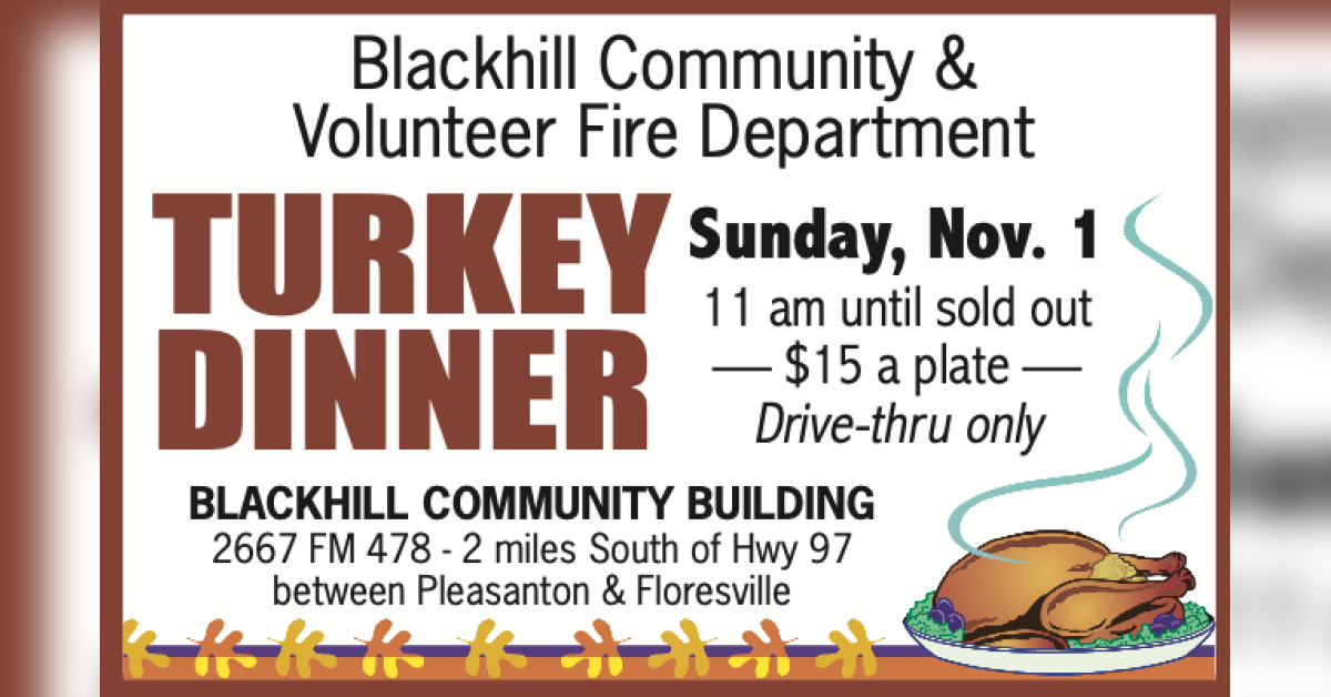 Blackhill Community & Volunteer Fire Department Turkey Dinner Nov. 1