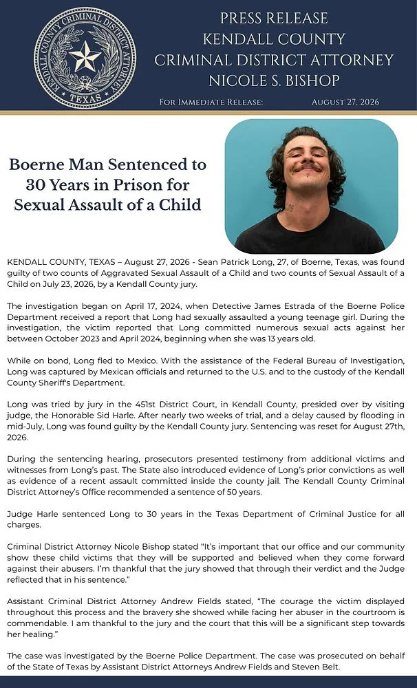 Boerne - Long sentenced to prison on sexual assault charges