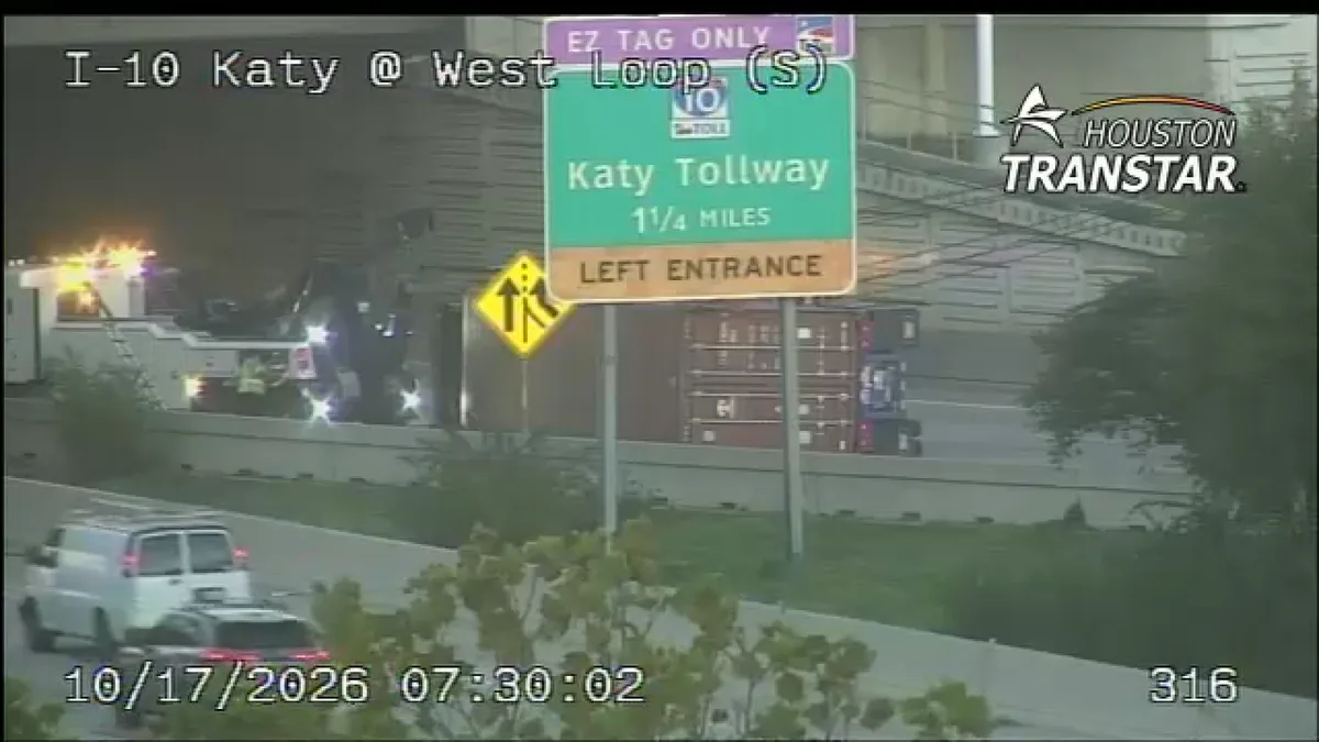 Overturned 18-wheeler shuts down southbound entrance ramp at West Loop and I-10: Houston TranStar